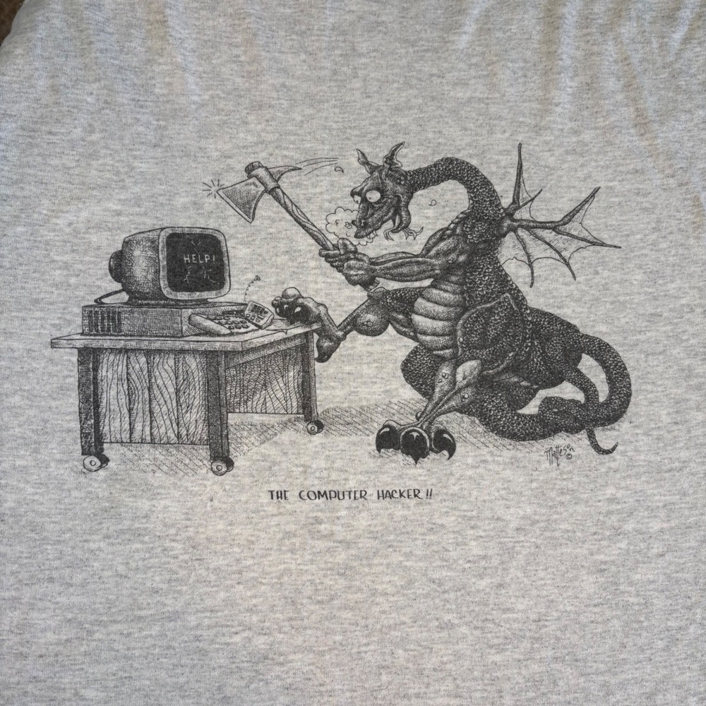 Vintage Jerzee The Computer Hacker Dragon Graphic T-Shirt XL Gray 90s Tech Humor - Picture 2 of 4